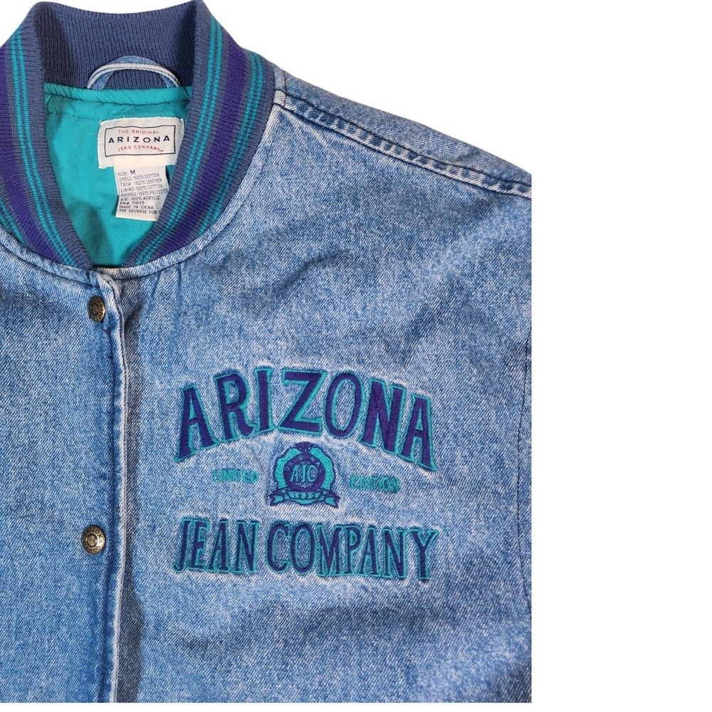 Vintage 90s Arizona Jean Company Denim Suede Bomber Jacket Purple Teal Medium‎ - Picture 5 of 13